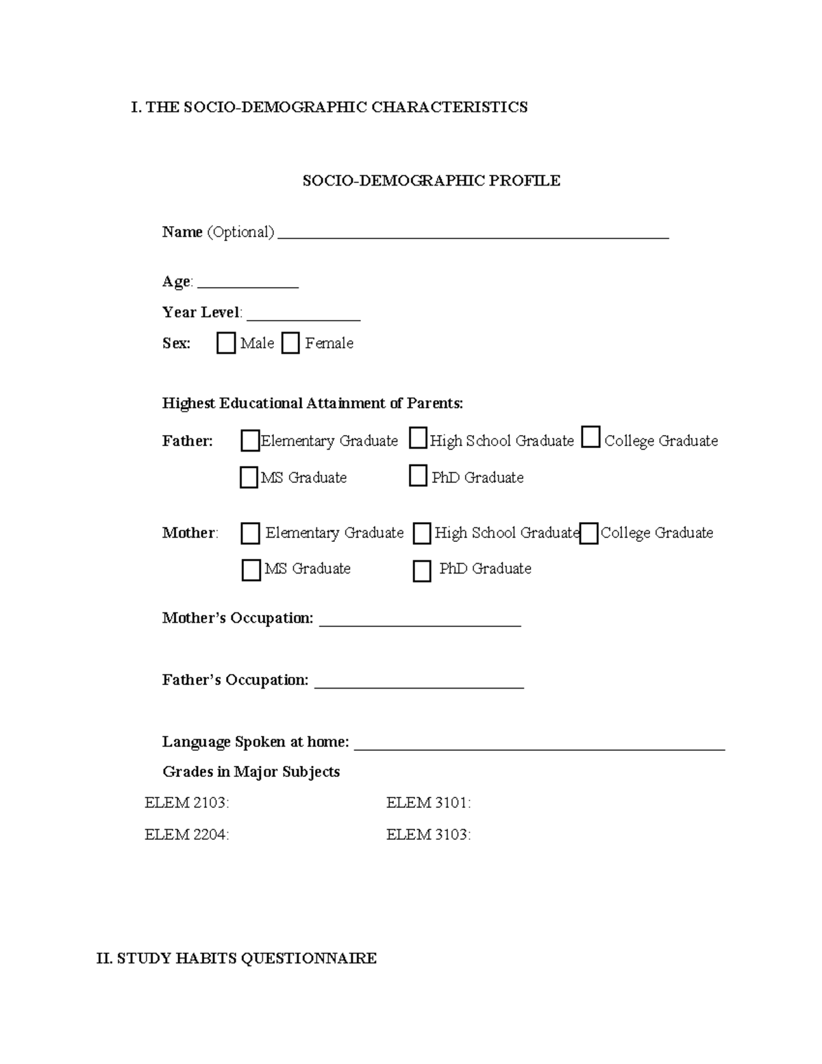 Questionnaire ROD AND CHA - I. THE CHARACTERISTICS PROFILE Name ...