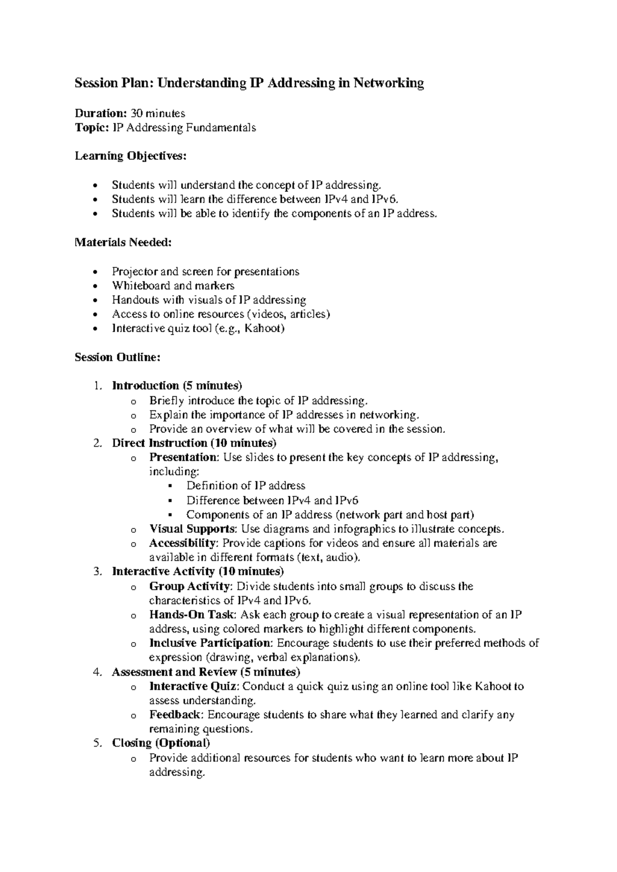 Understanding IP Addressing in Networking - Session Plan: Understanding ...