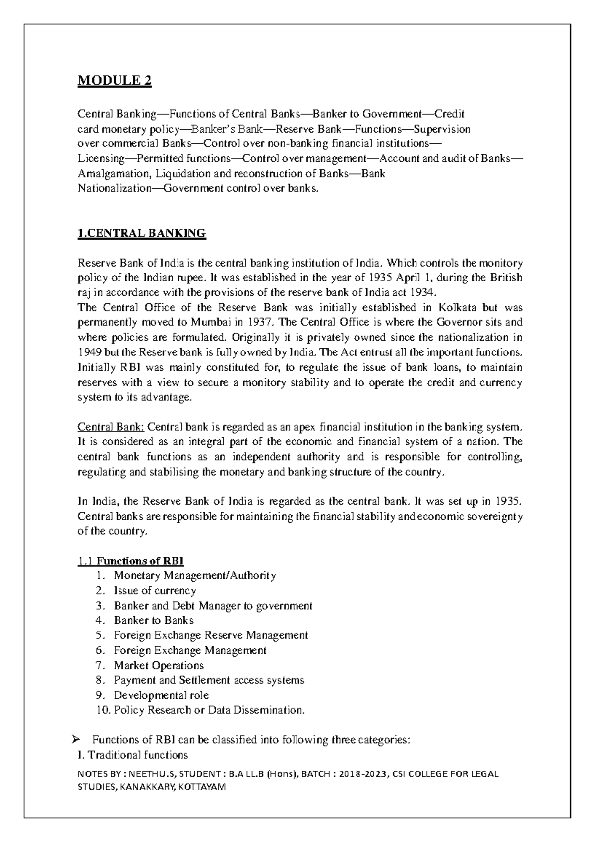 MODULE 2: Overview of Central Banking and RBI Functions - B.A LL.B ...