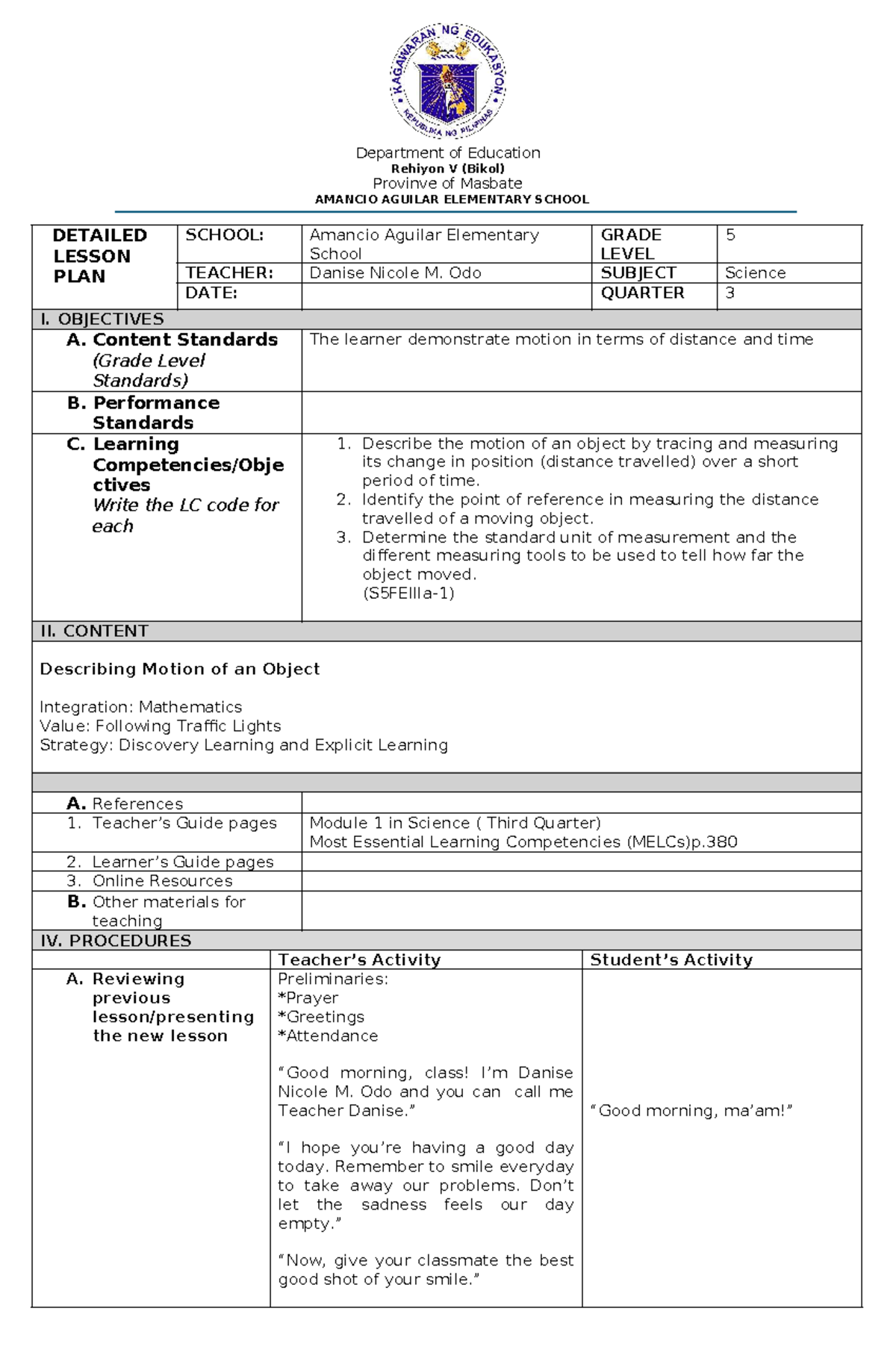 Detailed Lesson Plan for 5th Grade Science (Quarter 3) - Studocu