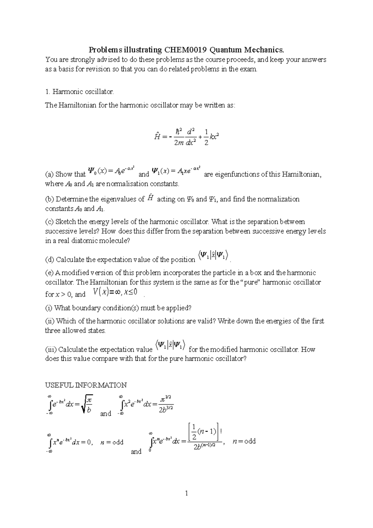CHEM0019 Final Exam - Quantum Mechanics Problems and Solutions - Studocu