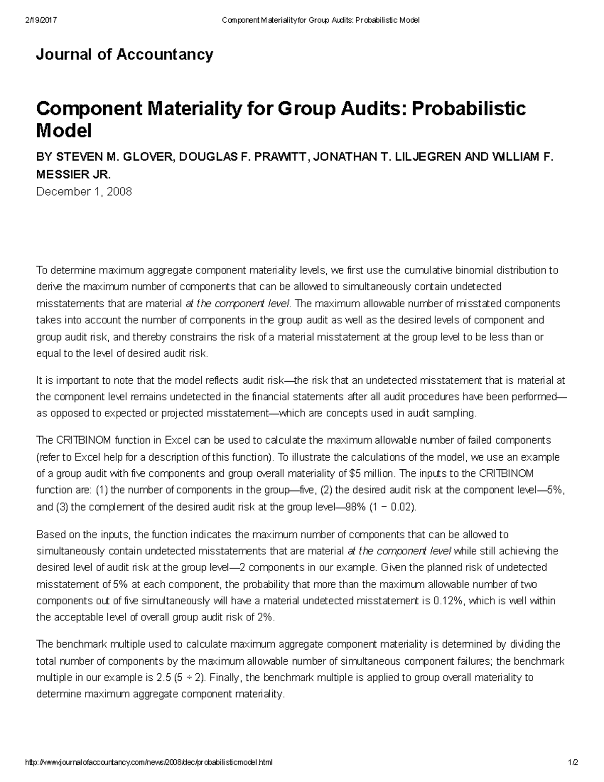 Component Materiality for Group Audits Probabilistic Model - 2/19/2017 ...