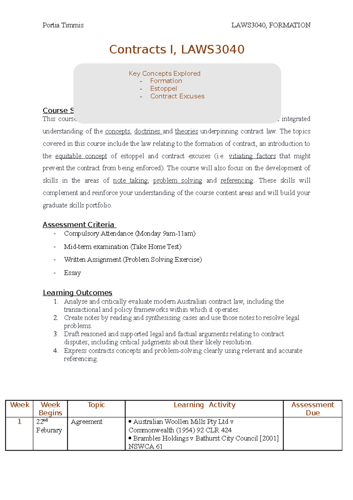 Contracts I, LAWS3040 - Detailed Lecture Notes and Case Summaries - Studocu