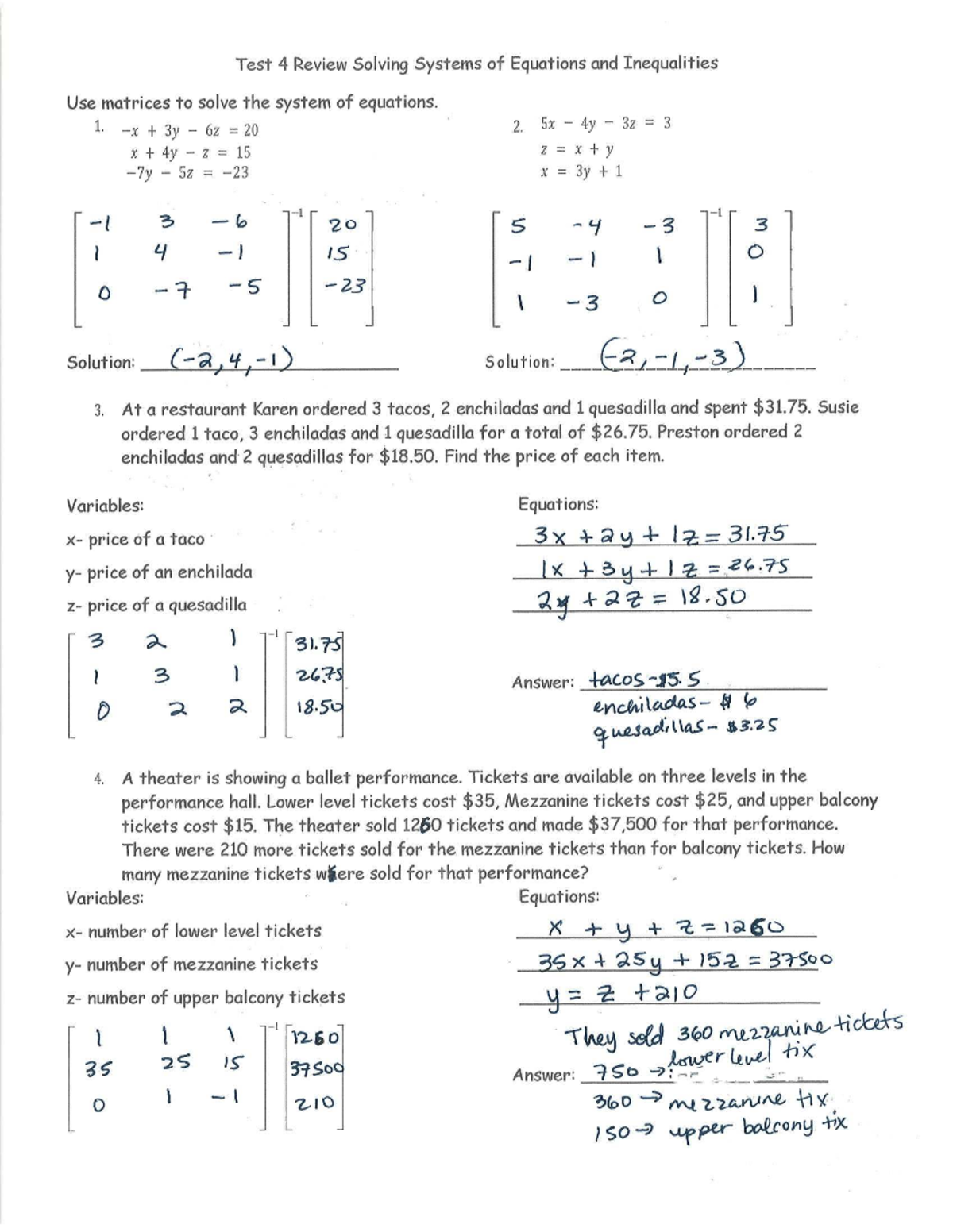 Test 4 Review: Solving Systems of Equations & Inequalities - Studocu