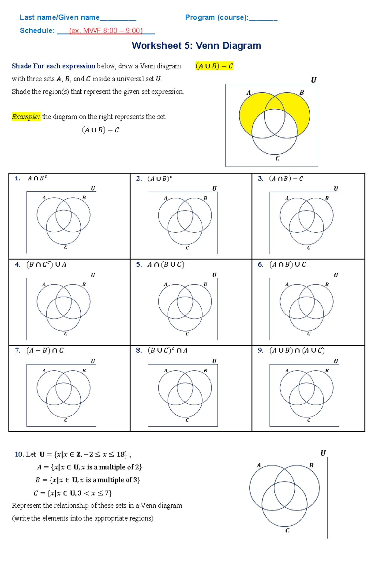 Worksheet 5: Venn Diagram Exercises for Set Theory - Studocu