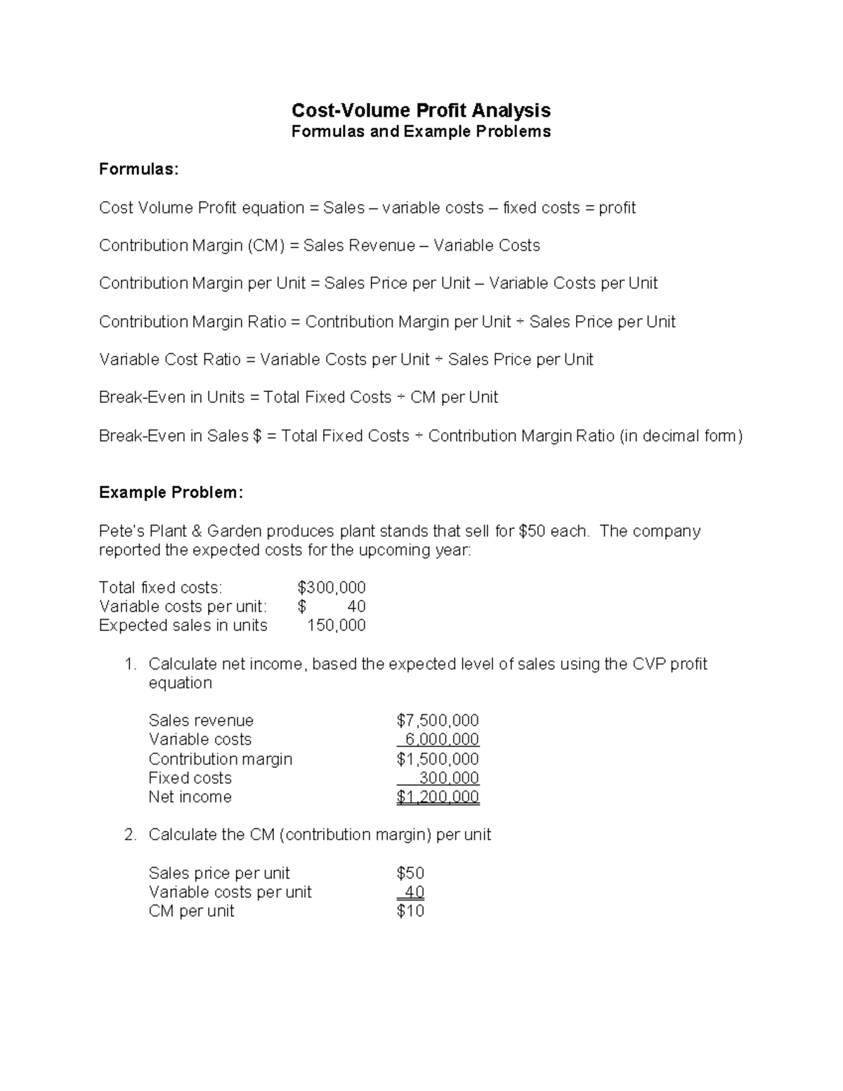 CVP Analysis: Formulas & Sample Problems for Financial Insight - Studocu