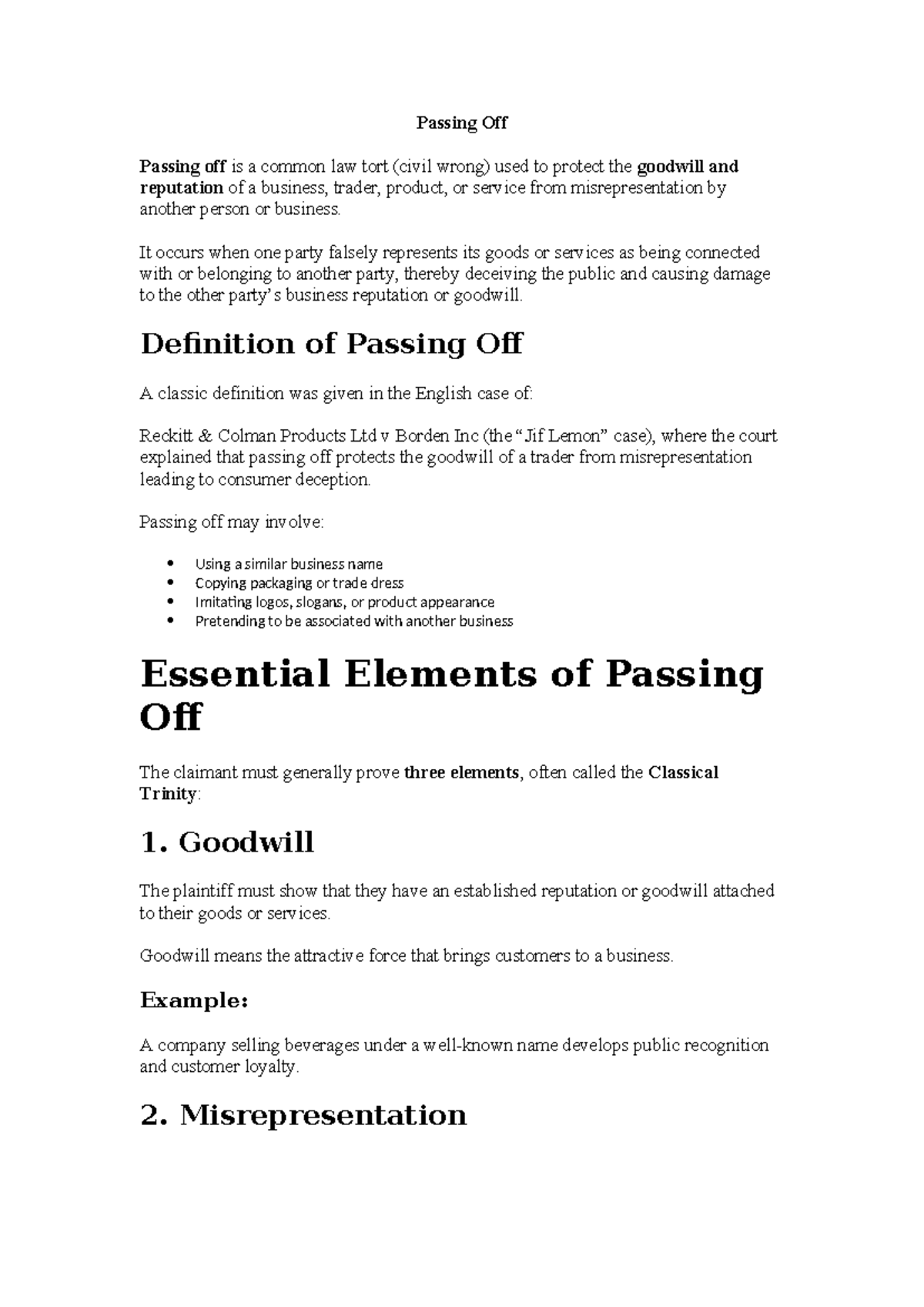 Passing Off - Notes Summary on Legal Protection of Goodwill - Studocu