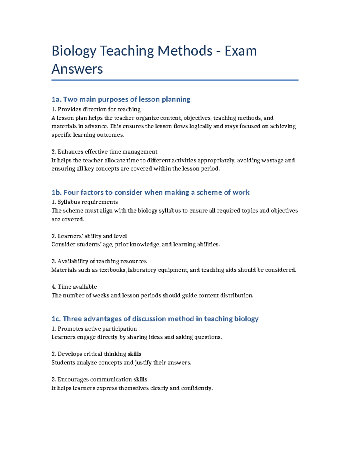 Biology Teaching Methods Exam Answers (BTHM-1) - Studocu