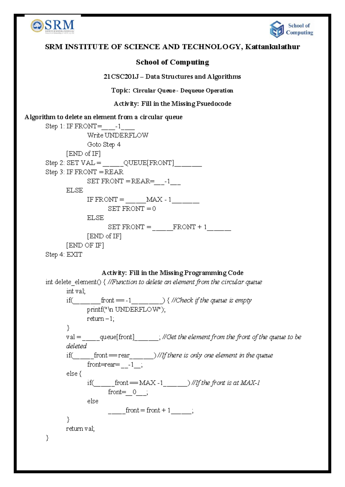 21CSC201J Circular Queue Dequeue Operation Pseudocode & Code - Studocu
