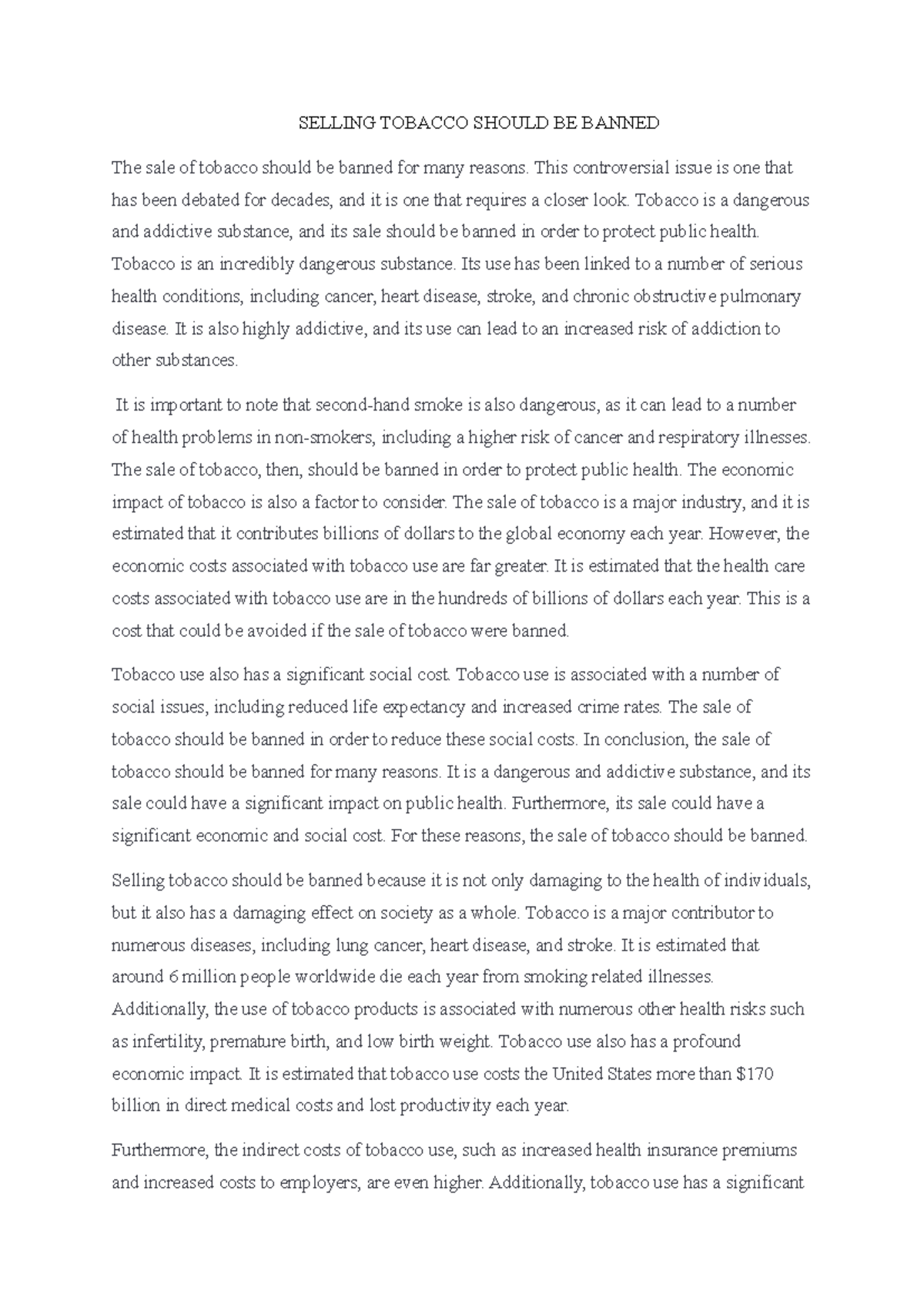 Final Essay: Should the Sale of Tobacco Be Banned?
