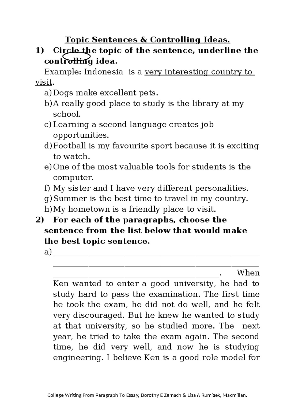 Topic Sentence Worksheet: Understanding Structure & Ideas - Studocu