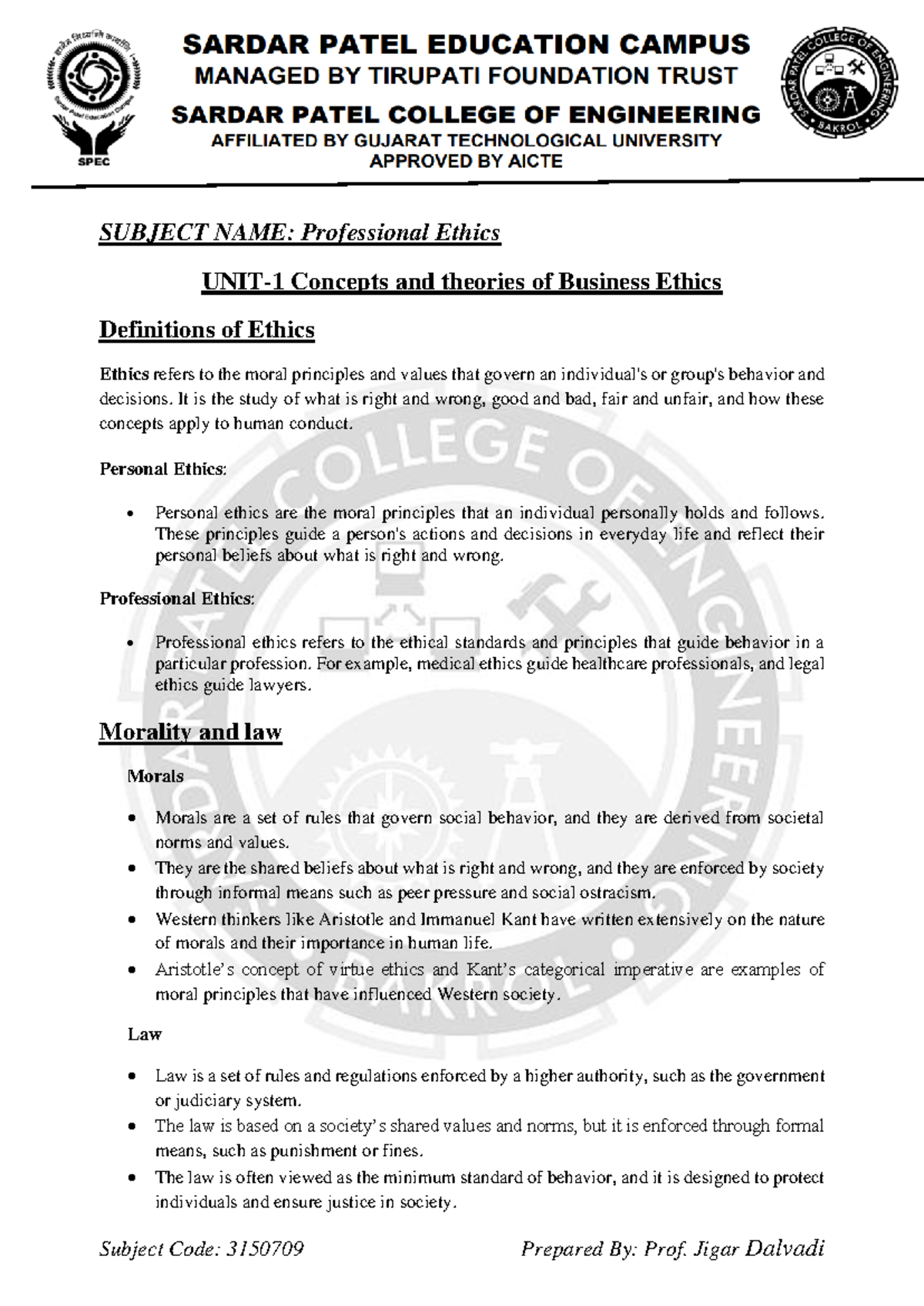 PE 3150709: Professional Ethics Concepts and Theories Overview - Studocu