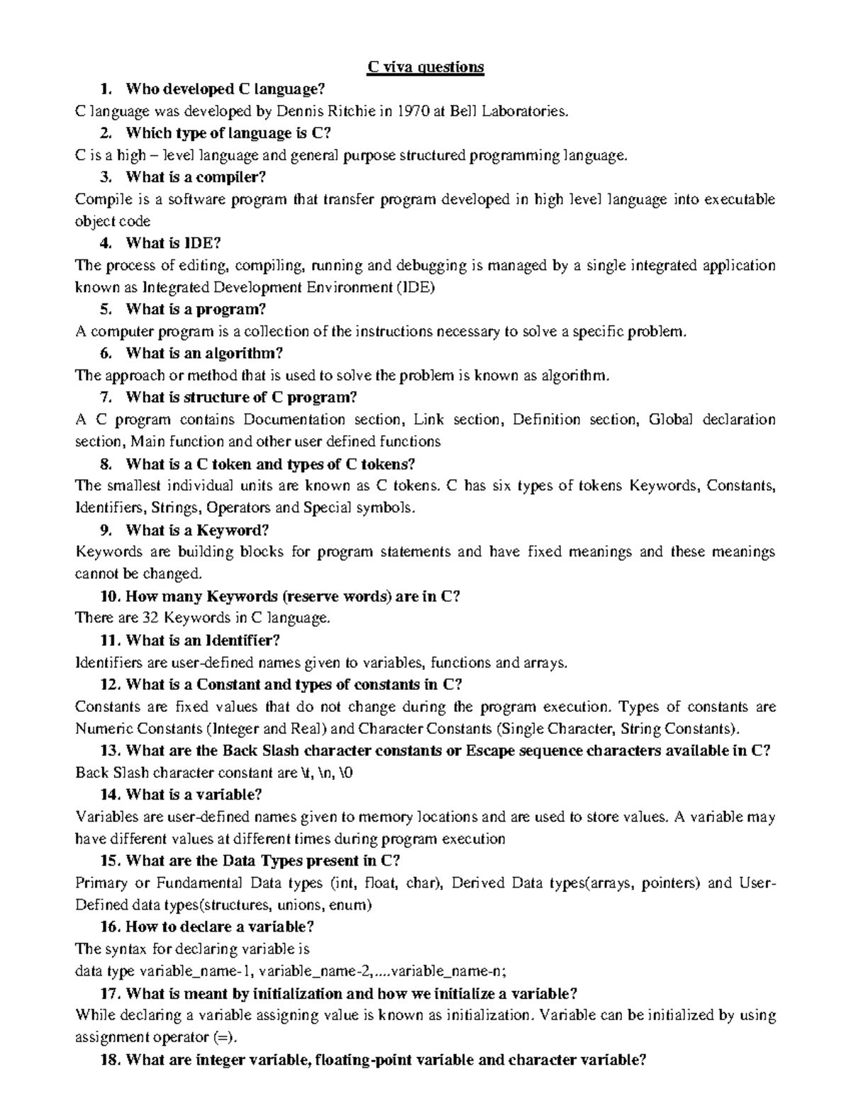 C Viva Questions 1 - Viva question - C viva questions Who developed C ...