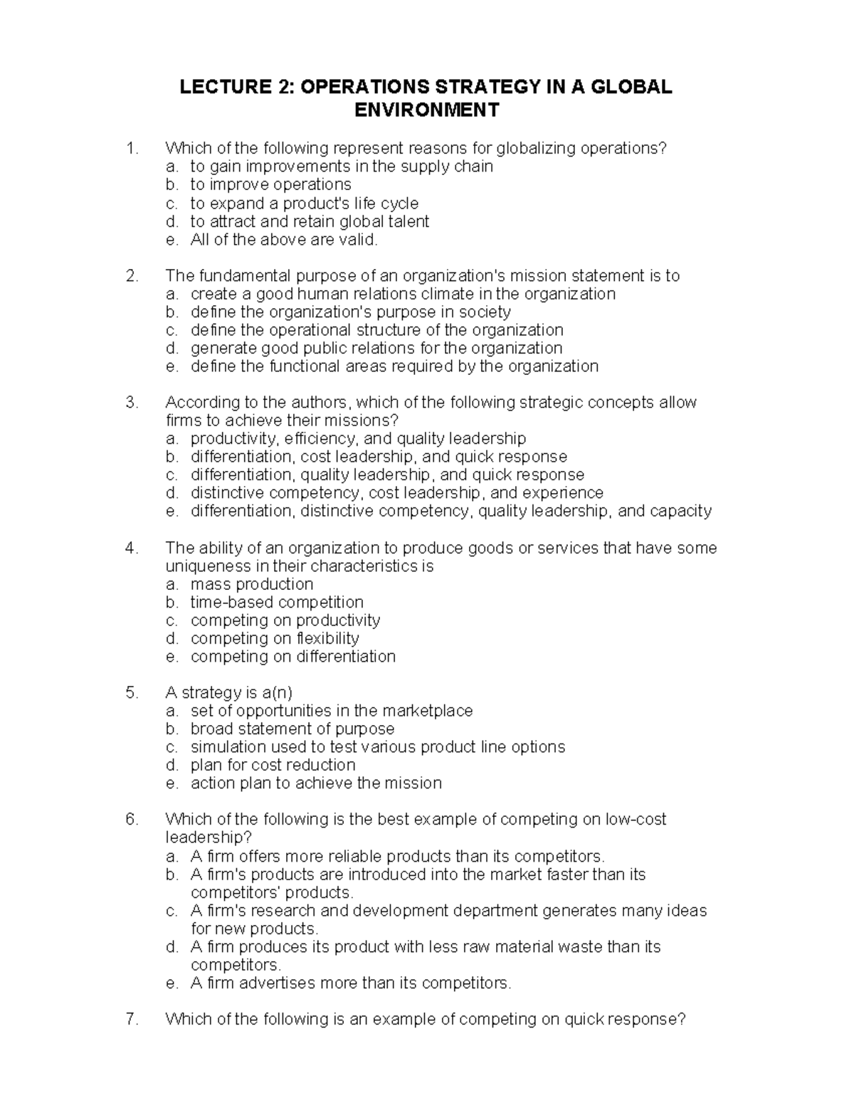 LECTURE 2: OPERATIONS STRATEGY IN A GLOBAL ENVIRONMENT - Quiz 2 - Studocu
