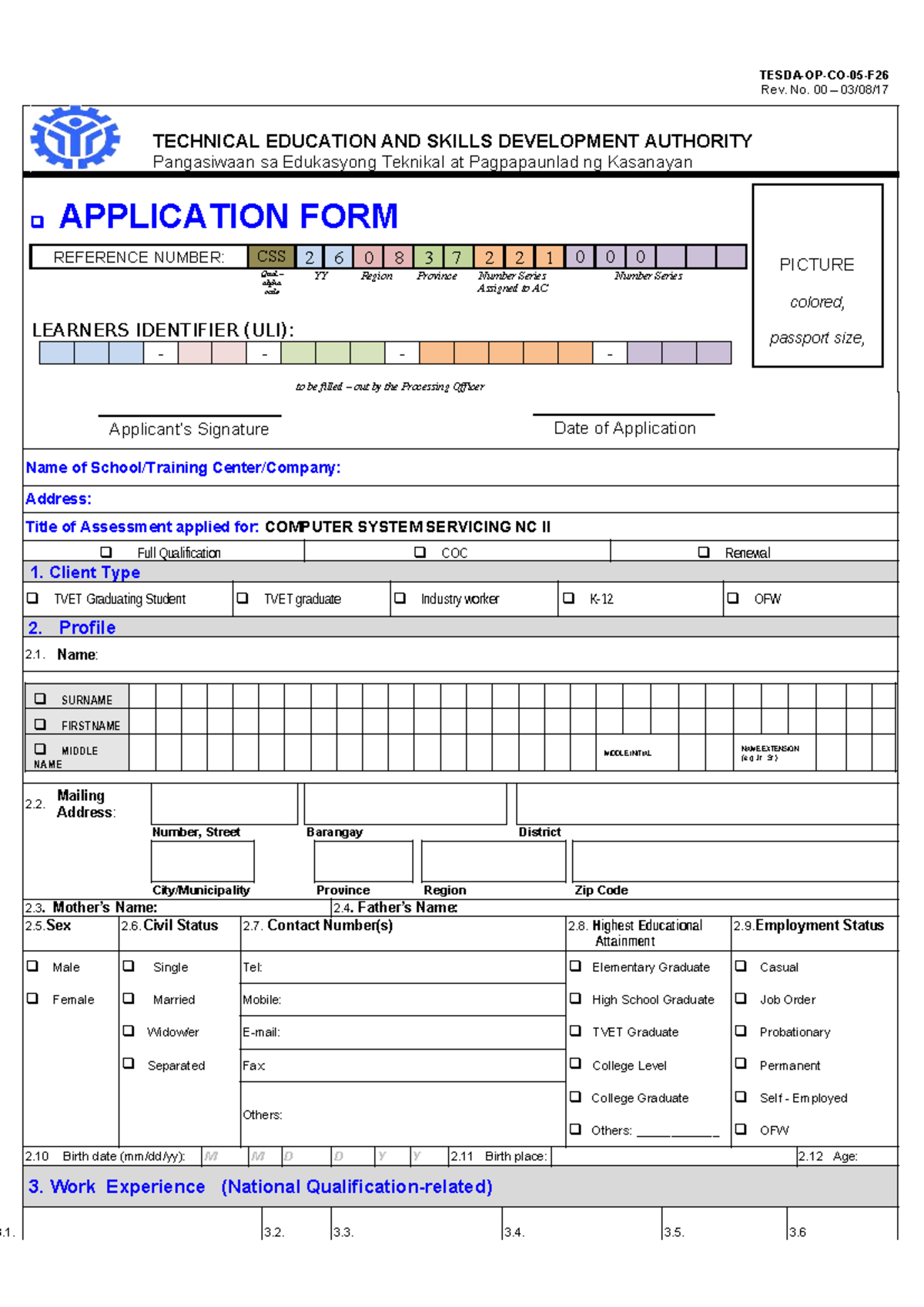 Application Form for Computer System Servicing NC II - Studocu