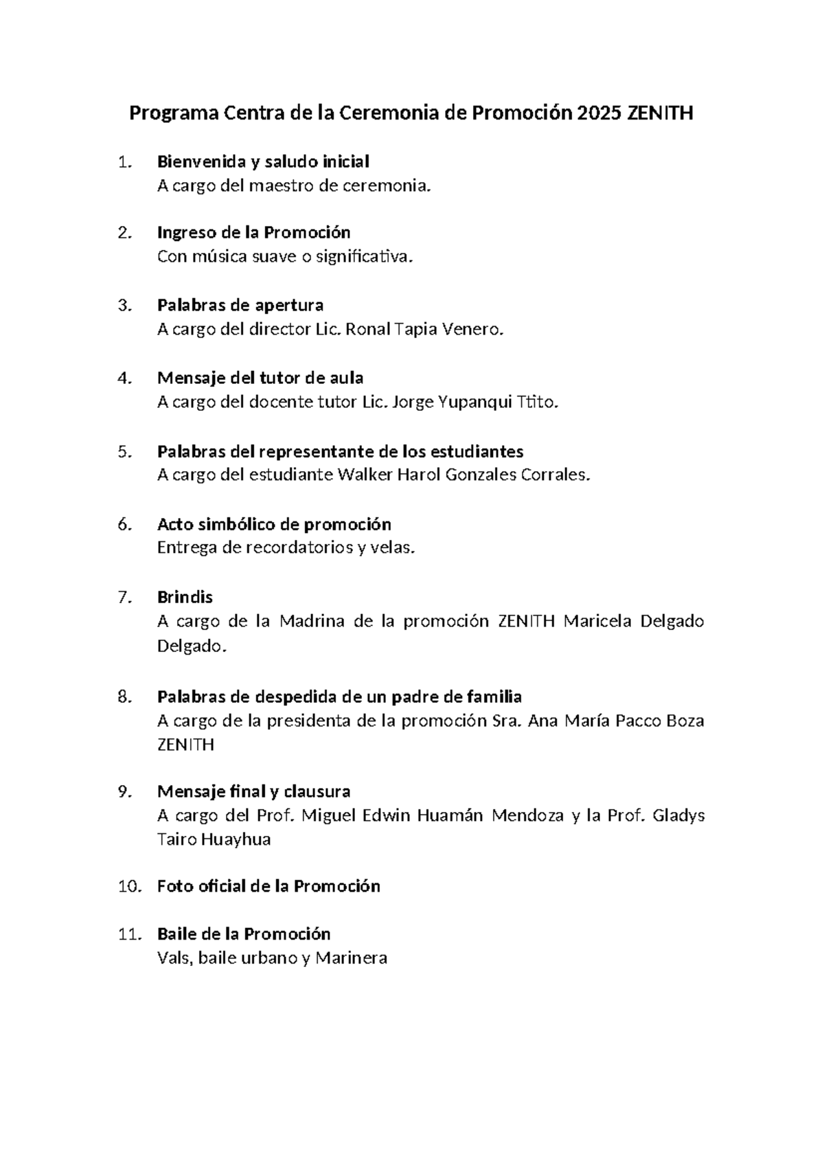 Programa Central de la Ceremonia de Promoción 2025 ZENITH - Studocu