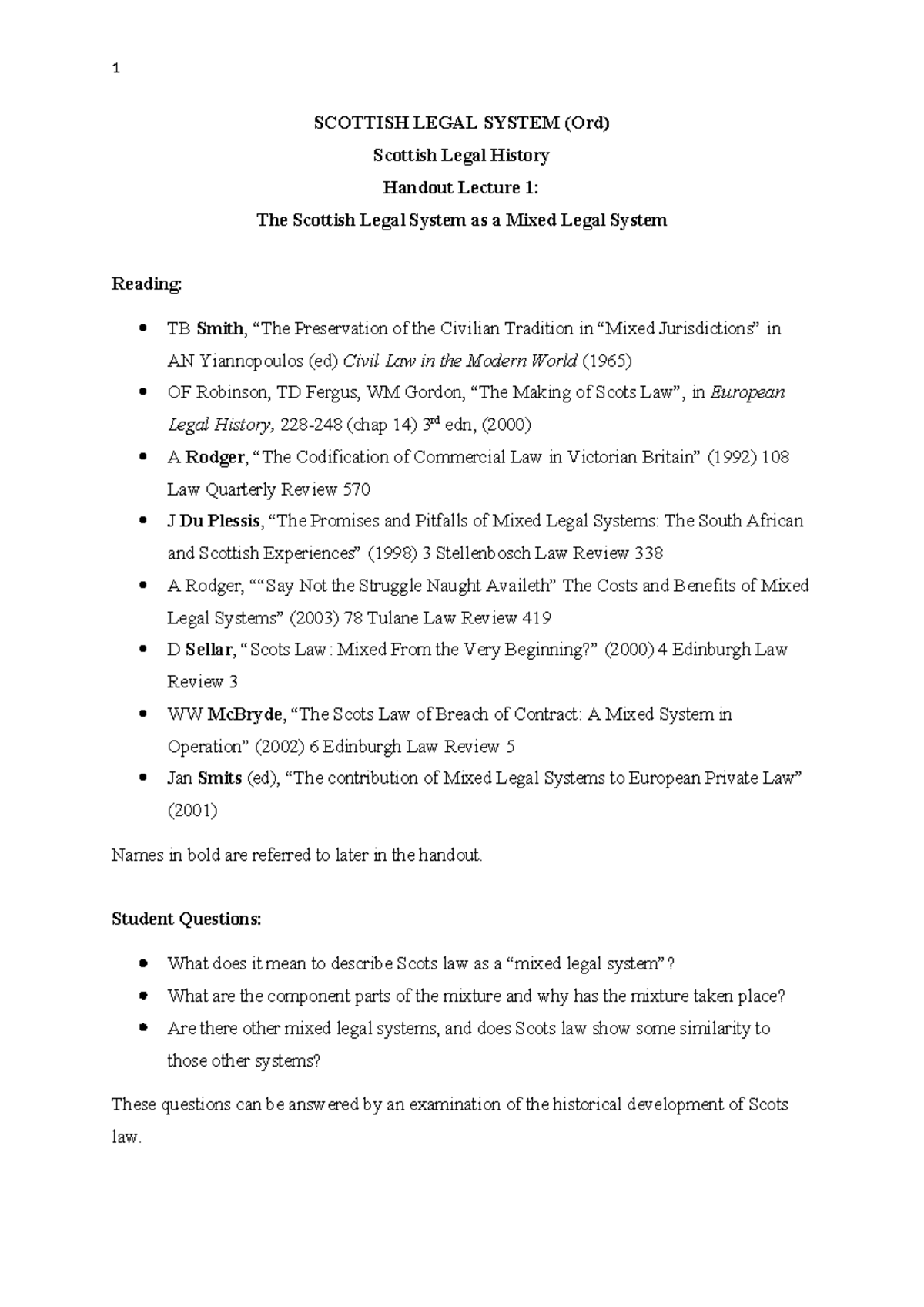 1 SCOTTISH LEGAL SYSTEM (Ord) Lecture 1: Understanding Mixed Legal ...