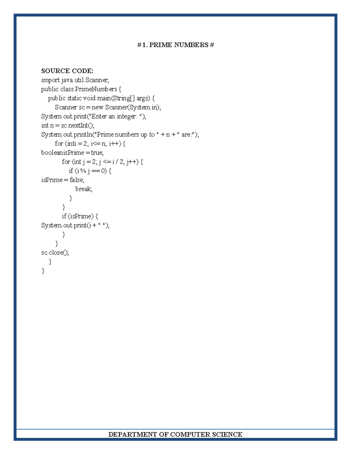 Java Lab Exercise: Source Codes for Prime Numbers, Random Numbers, and ...