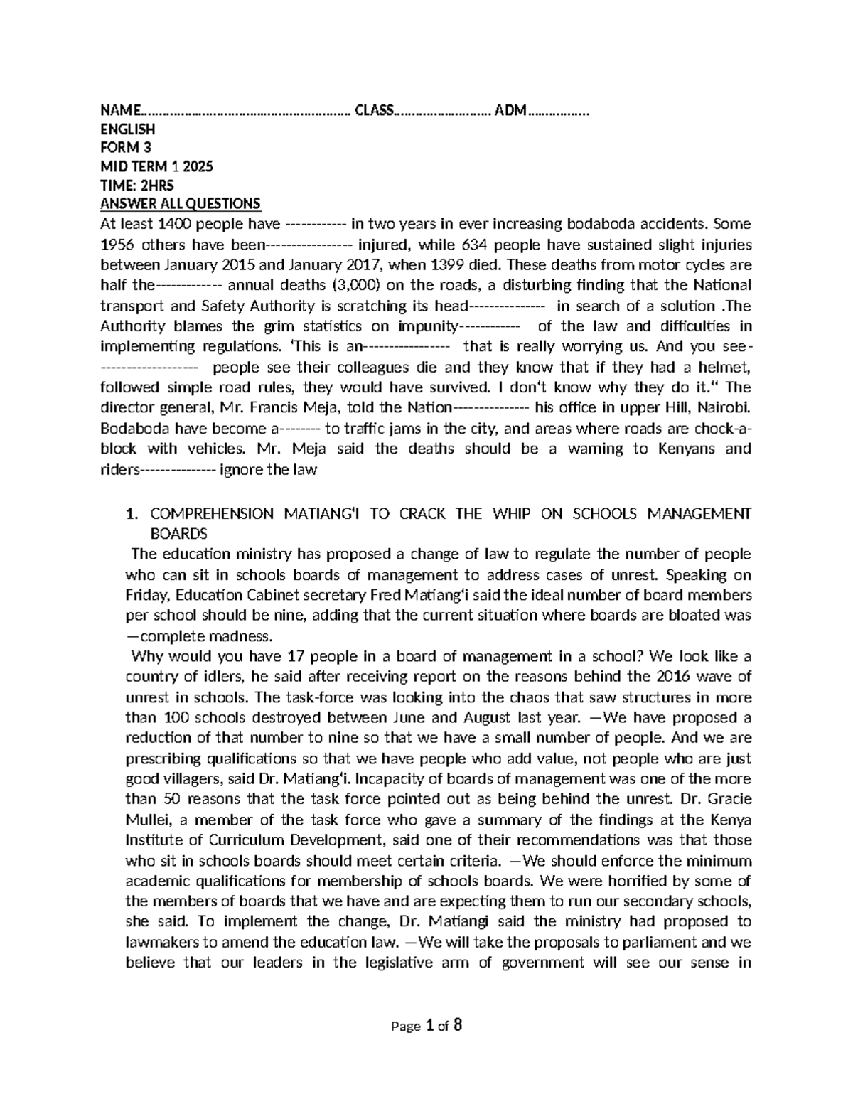 ENGLISH FORM 3 MIDTERM 1 2025: COMPREHENSION & GRAMMAR REVISION - Studocu