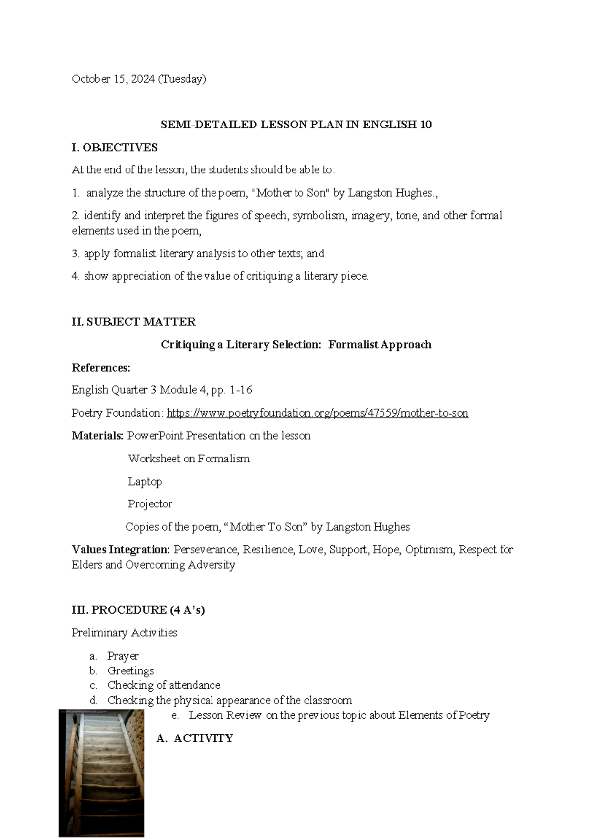 Lesson Plan Formalism - October 15, 2024 (Tuesday) SEMI-DETAILED LESSON ...
