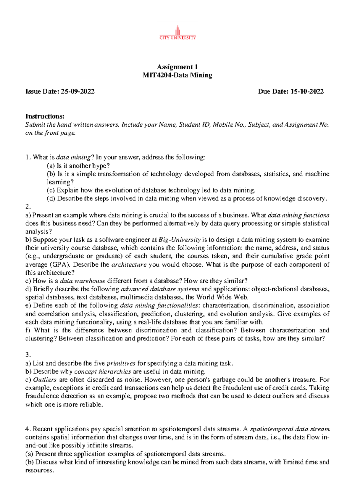 Assignment 1: Intro to Data Mining - MIT4204 Data Mining Insights - Studocu