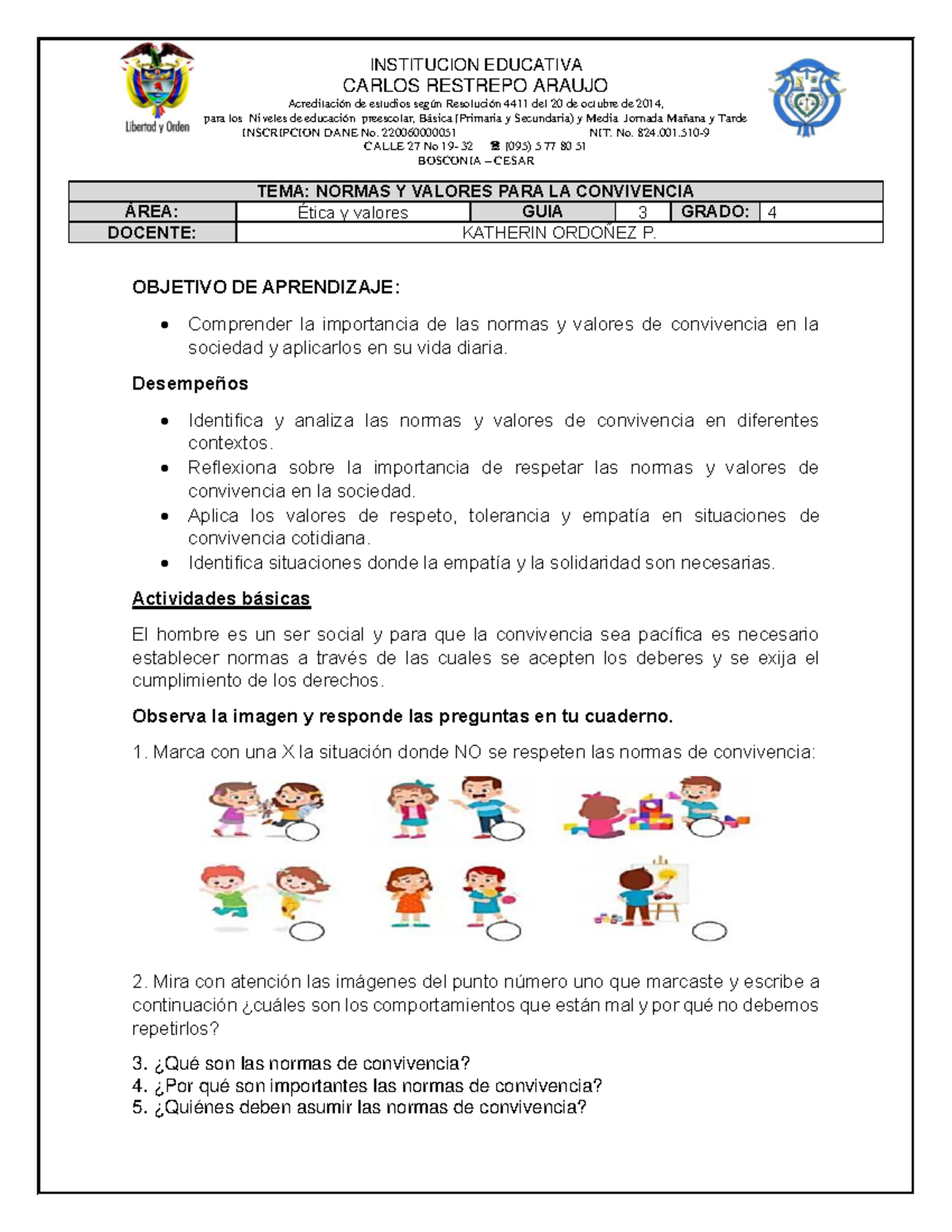 Guía 3: Normas y Valores para la Convivencia en Educación 4° Grado - Document Preview