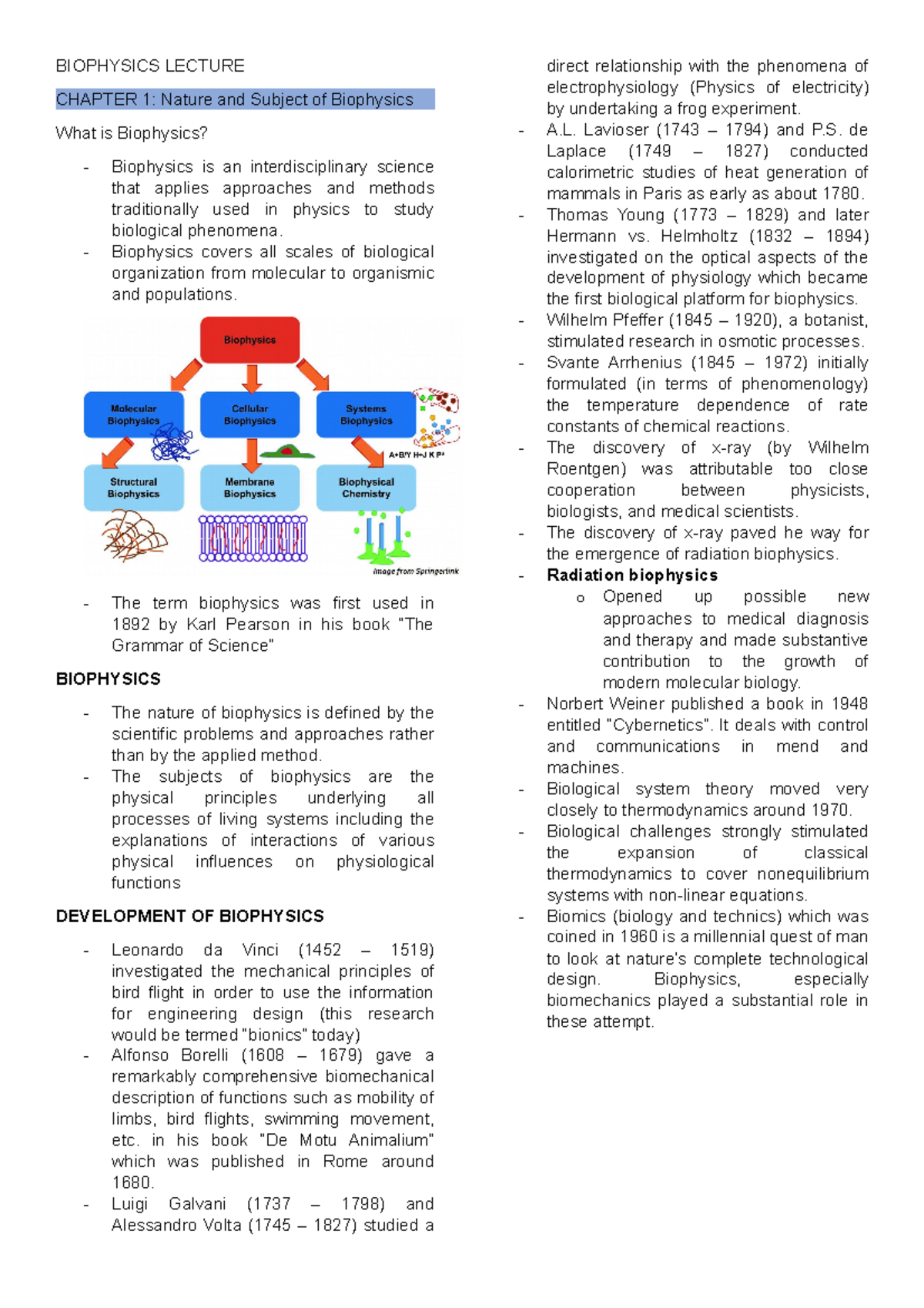 Phys 31 Biophysics Lecture Notes - Chapter 1 Overview - Studocu