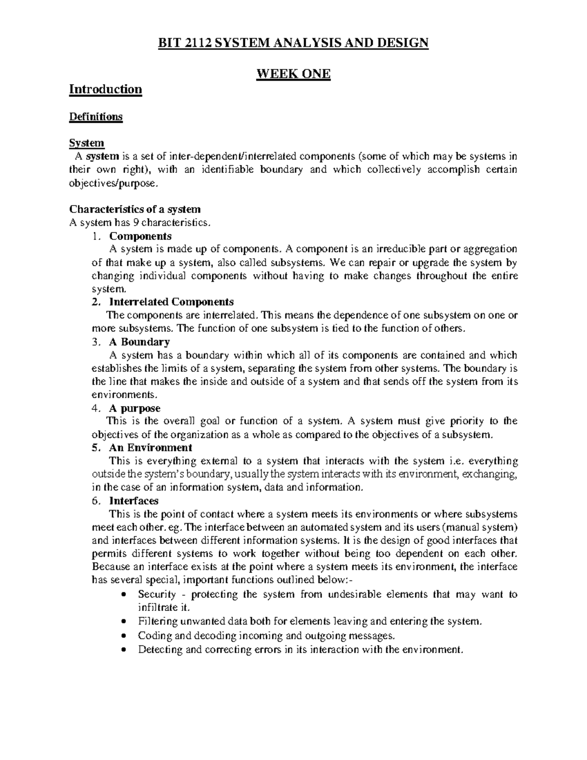 BIT 2112 Week 1 & 2 System Analysis and Design Class Notes - Studocu