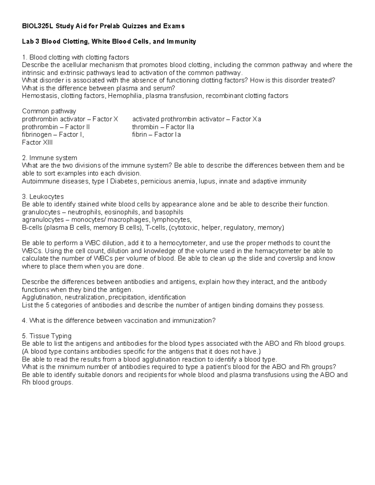 BIOL325L Lab Quiz 3 Study Aid: Blood Clotting & Immunity - Studocu