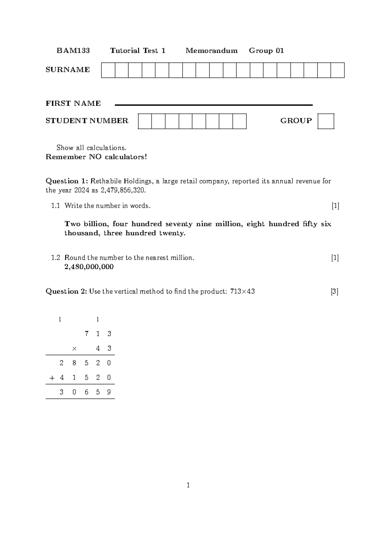 BAM133 Tutorial Test 1 Memo for Group 01: Calculations & Solutions ...