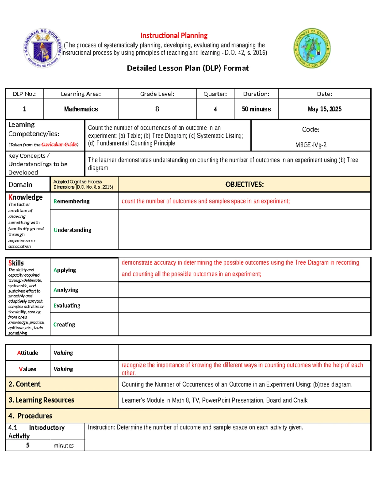 DLP 1 Math 8 - Detailed Algebra Lesson Plan for Finding Line Equations ...