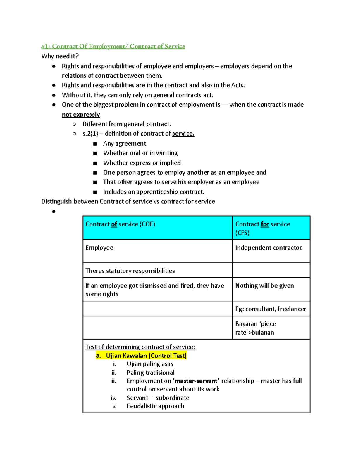 Emplyment 1 - Employment Notes: Contracts of Service vs. For Service ...