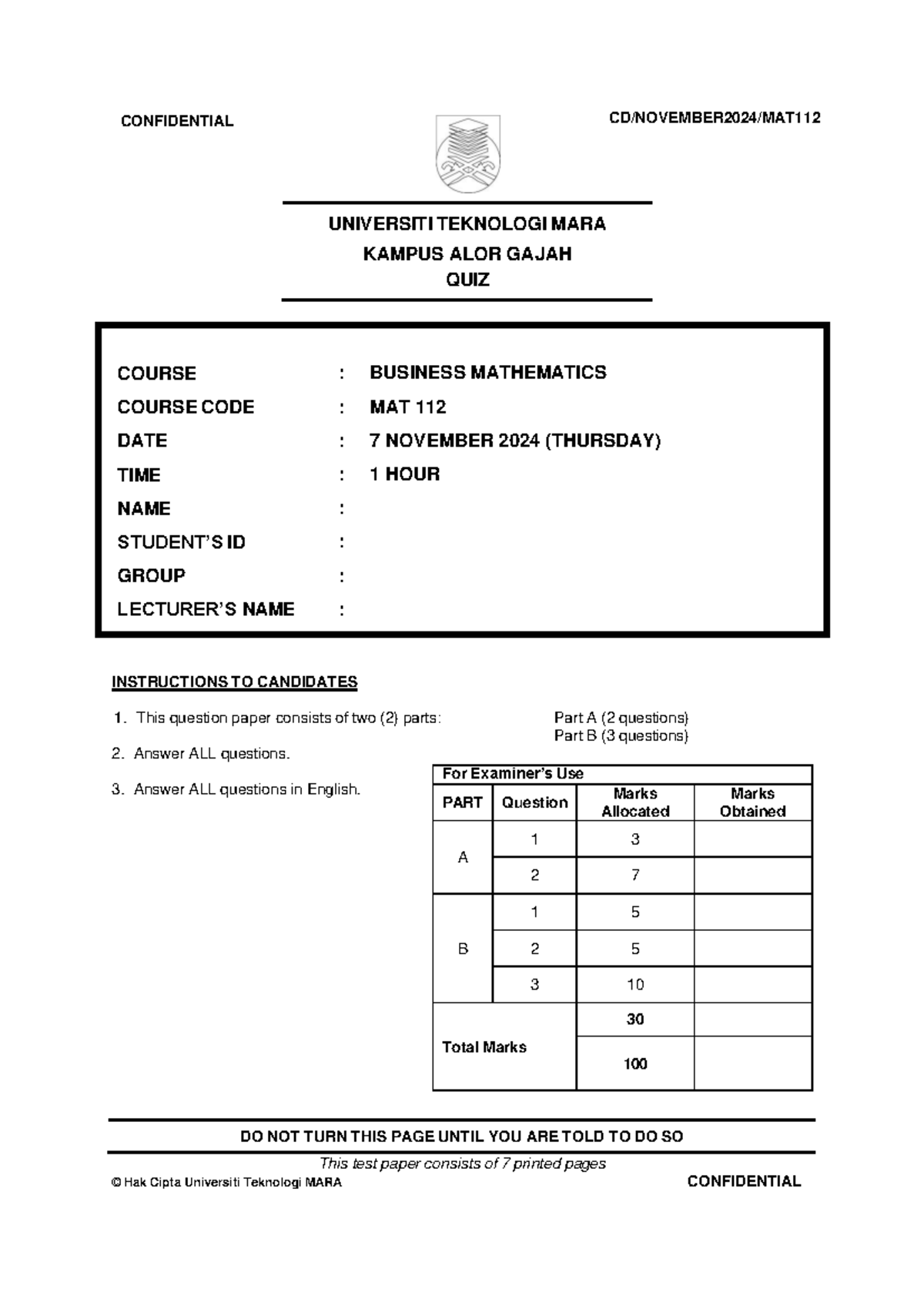 SET A QUIZ MAT 112: BUSINESS MATHEMATICS - NOV 2024 - Studocu