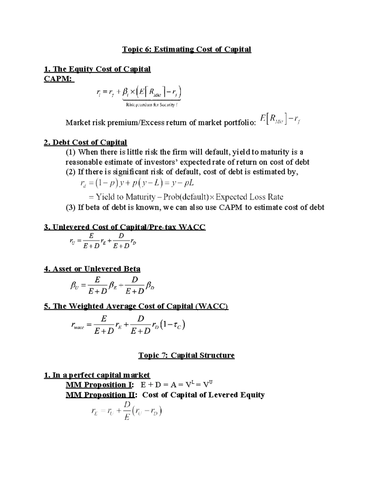 Final CS - Cheat Sheet: Cost of Capital & Market Portfolio Insights ...