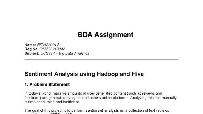 CCS334 BDA Assignment: Sentiment Analysis with Hadoop & Hive - Studocu