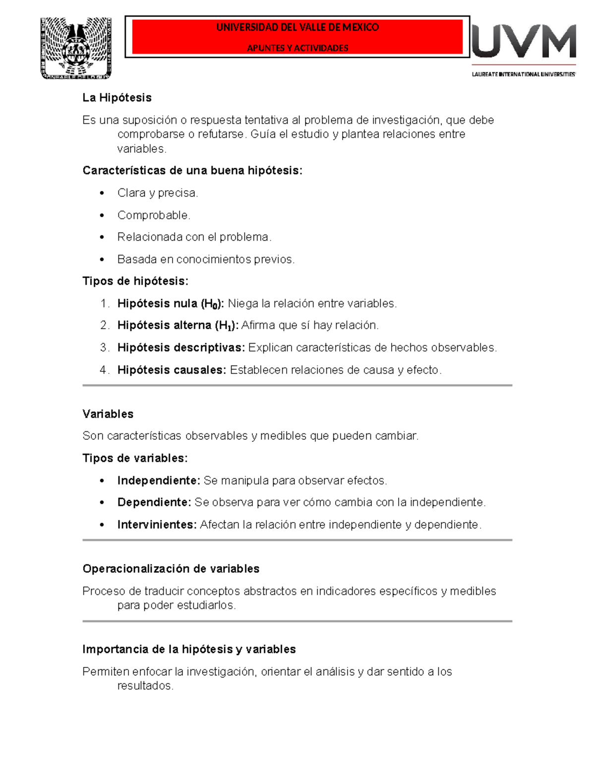 APUNTES Y ACTIVIDADES: Hipótesis y Variables en Investigación - UVM ...