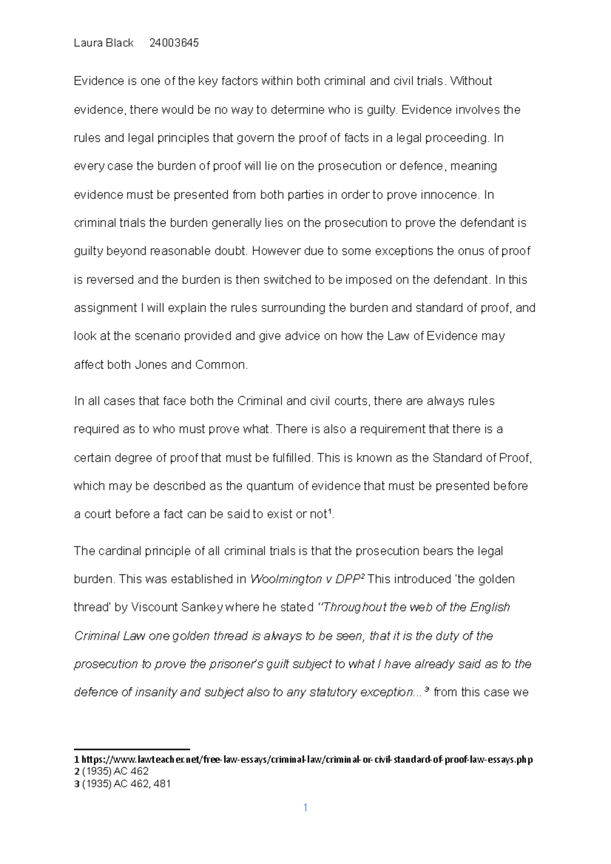 Analysis of Burden and Standard of Proof in Evidence Law (24003645 ...