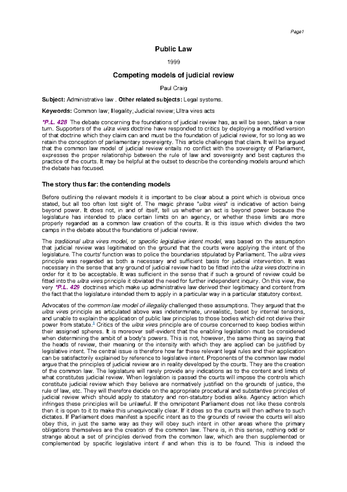 P.L. 428-434 Craig 1999: Competing Models of Judicial Review in Public ...