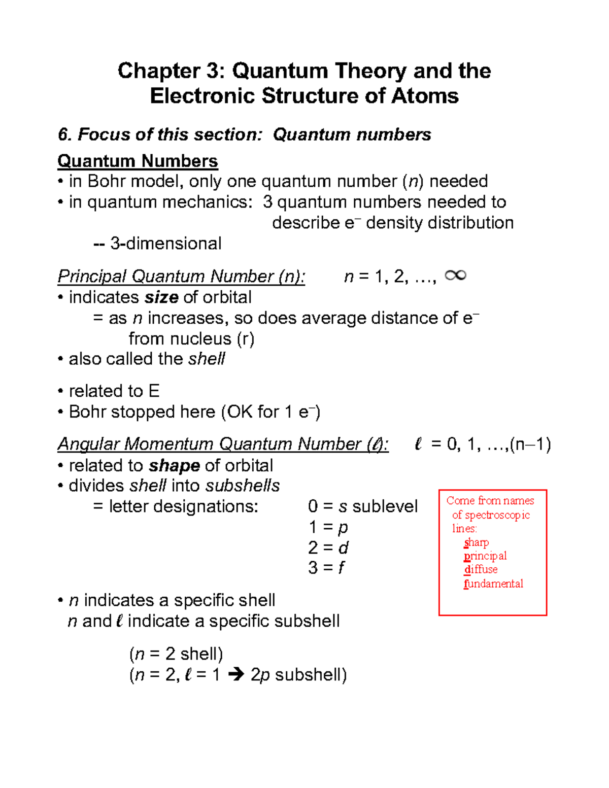 Chapter 3: Quantum Theory & Electron Structure - Quantum Numbers ...