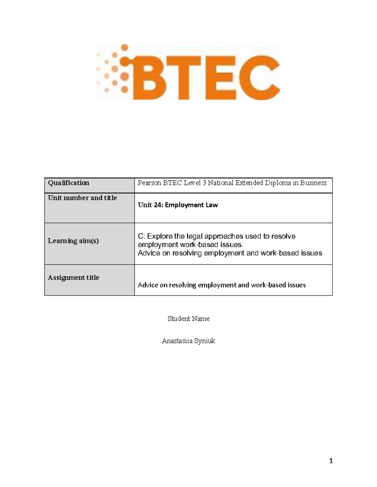 Unit 24: Employment Law - Assignment on Resolving Workplace Issues ...