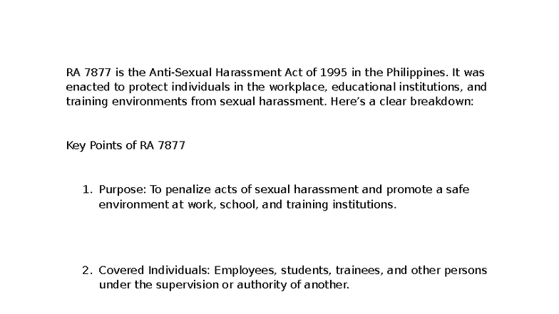 RA 7877 - Anti-Harassment Act of 1995 Overview and Key Points - Studocu