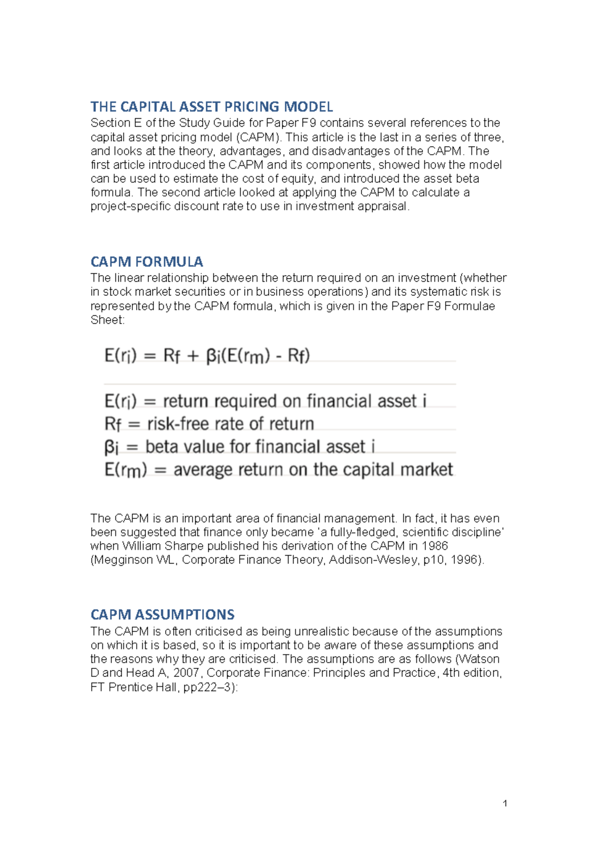 CAPM F9: Exploring the Theory, Pros, and Cons of the Model - Studocu