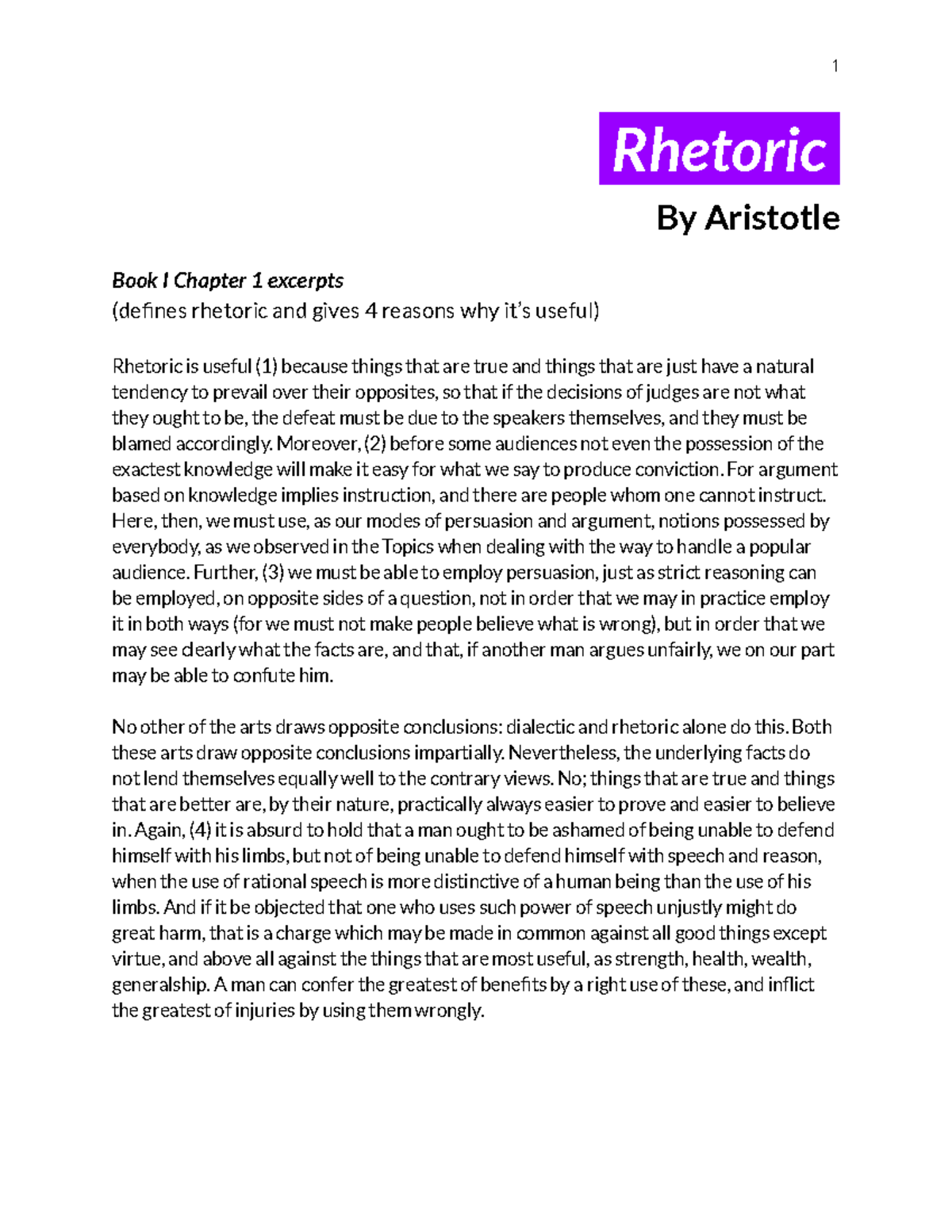 Aristotle's Rhetoric: Excerpts from Book I Chapters 1 & 2 - Studocu