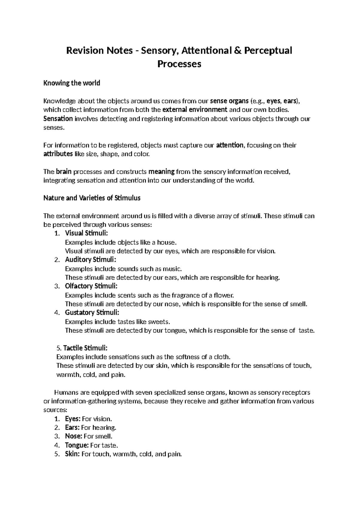 Sensation and Perception Processes - Worksheet for PSY 101 - Studocu