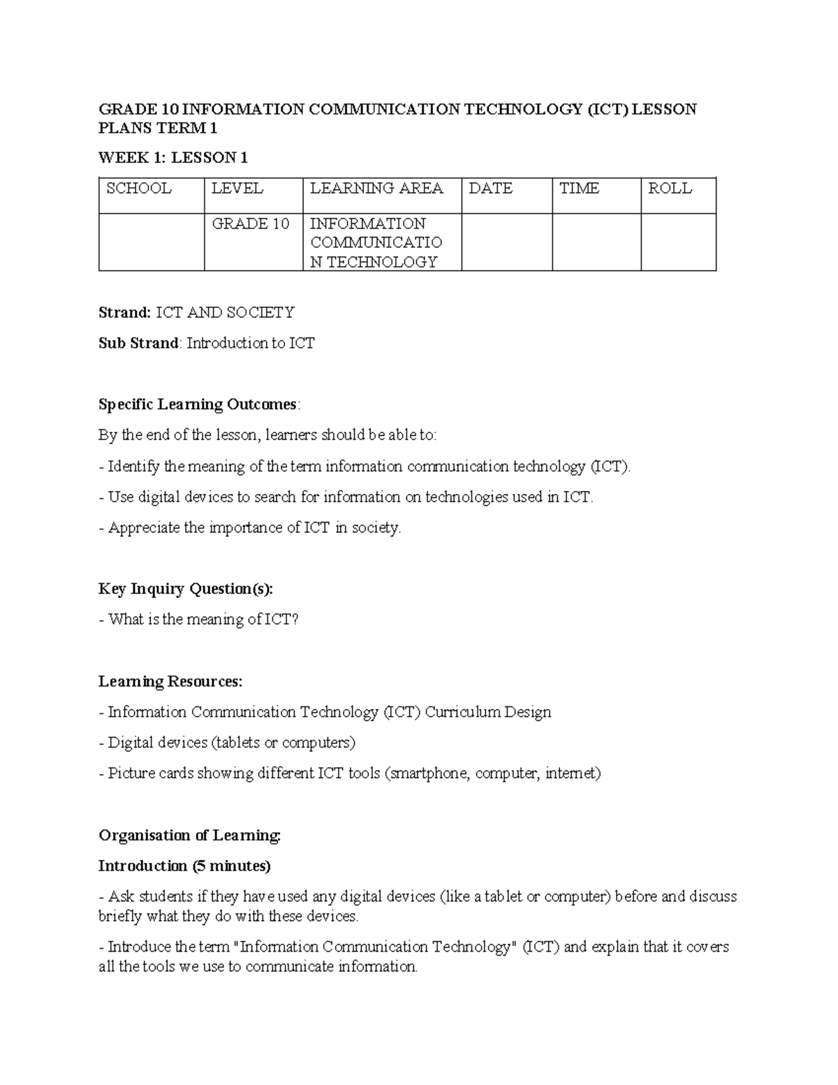 GRADE 10 ICT LESSON PLANS: TERM 1 WEEK 1 - INTRO TO ICT - Studocu