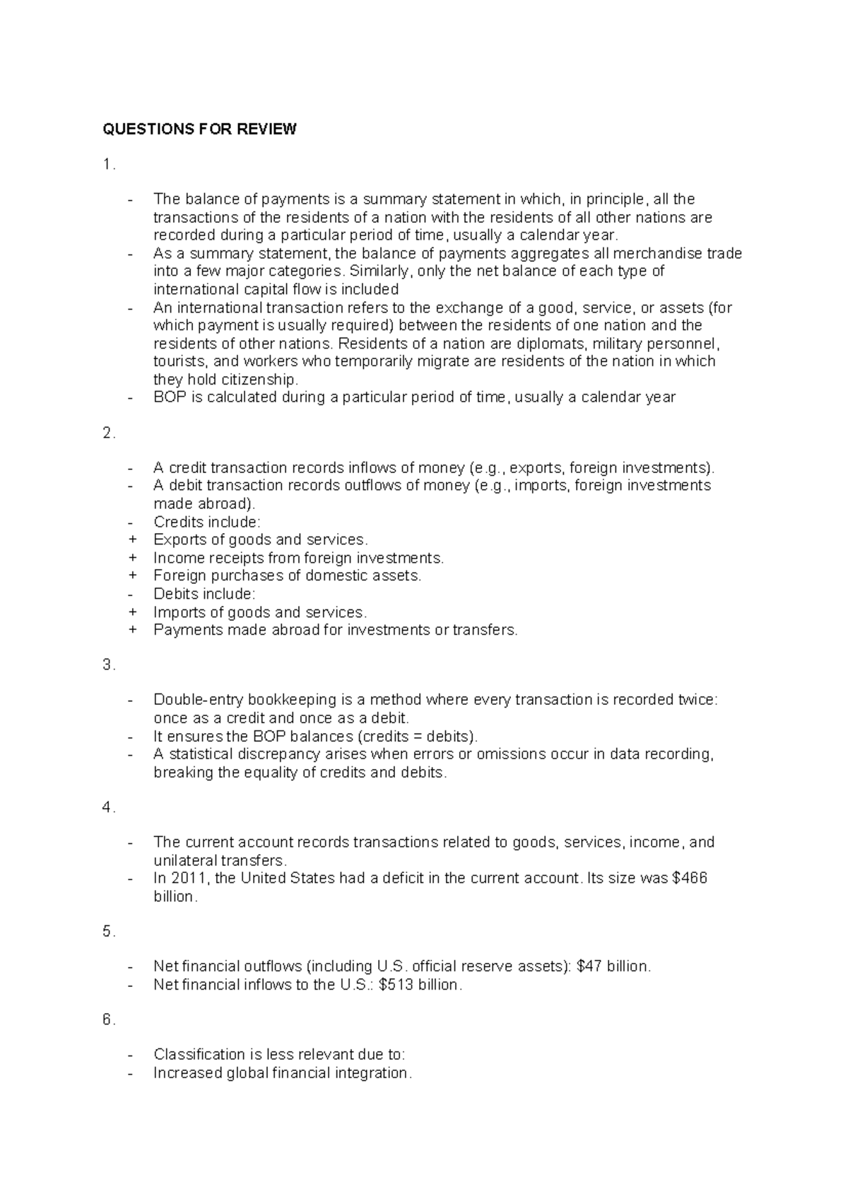 BOP Analysis and Review Questions for International Transactions - Studocu