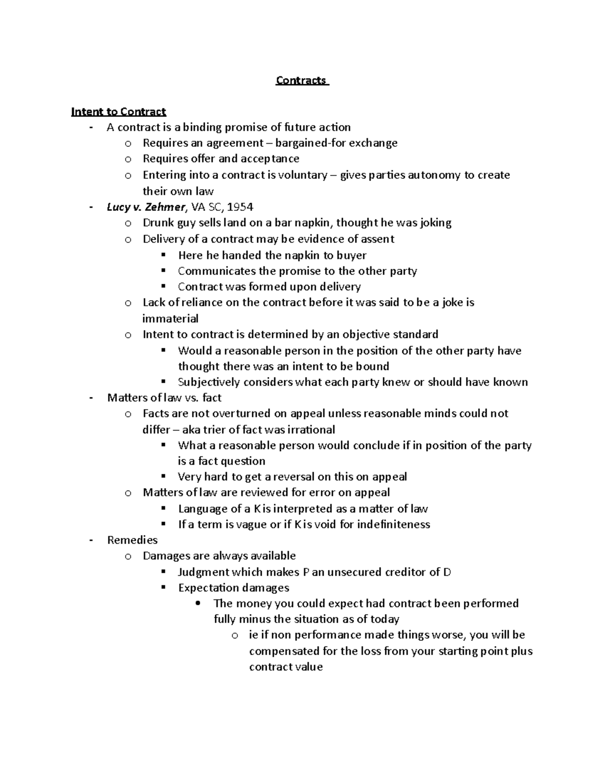 Contracts Law Outline - Key Concepts and Case Studies - Studocu