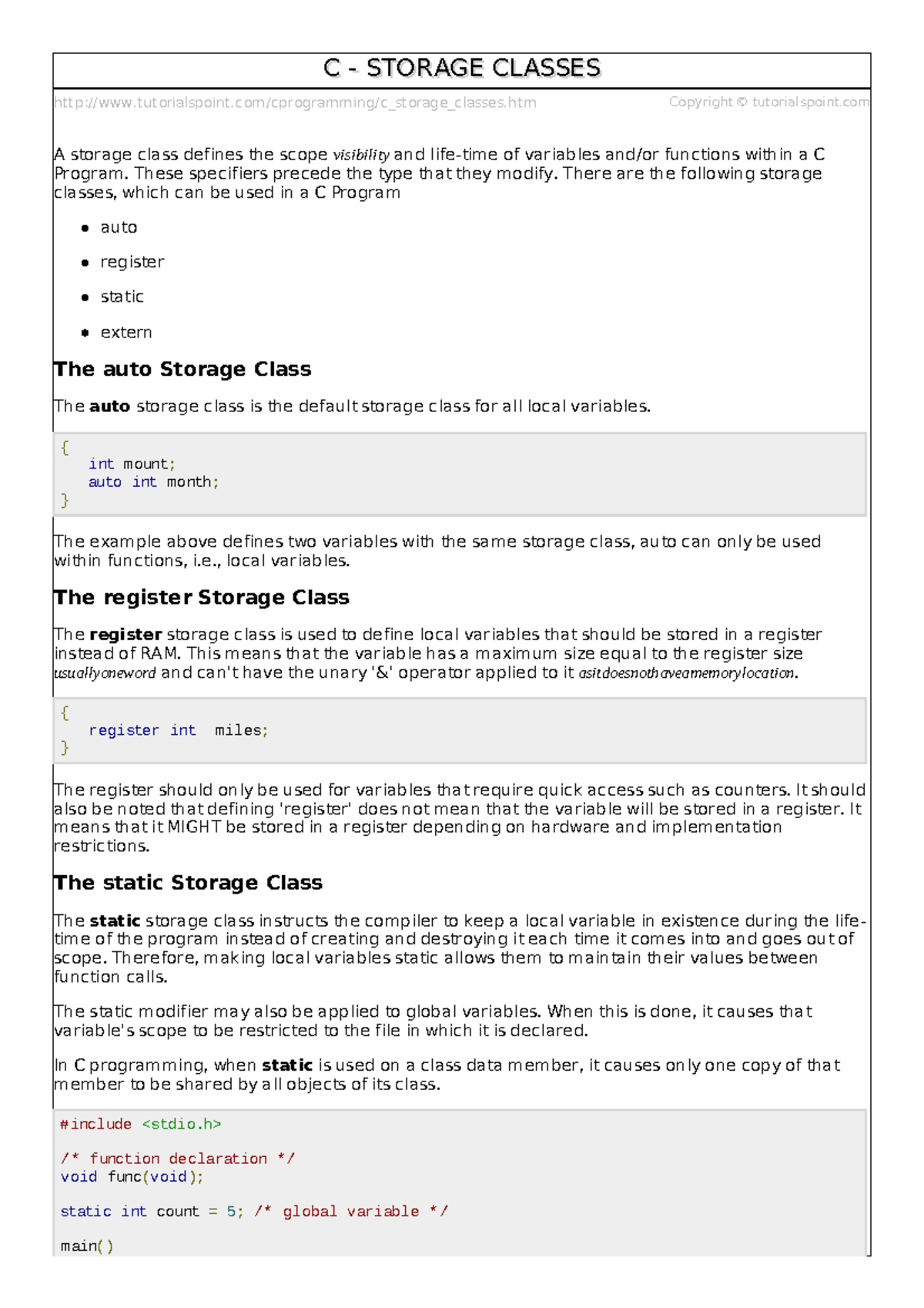 C Storage Classes - Detailed Notes and Examples - Studocu