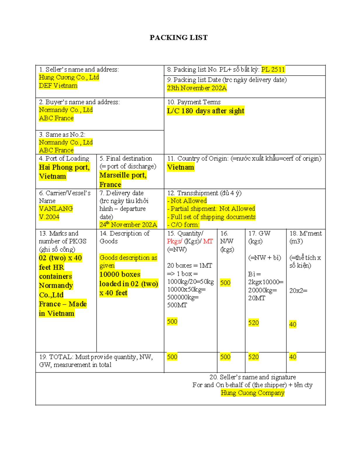Packing List and Bill of Lading for Shipment PL 2511 - Studocu