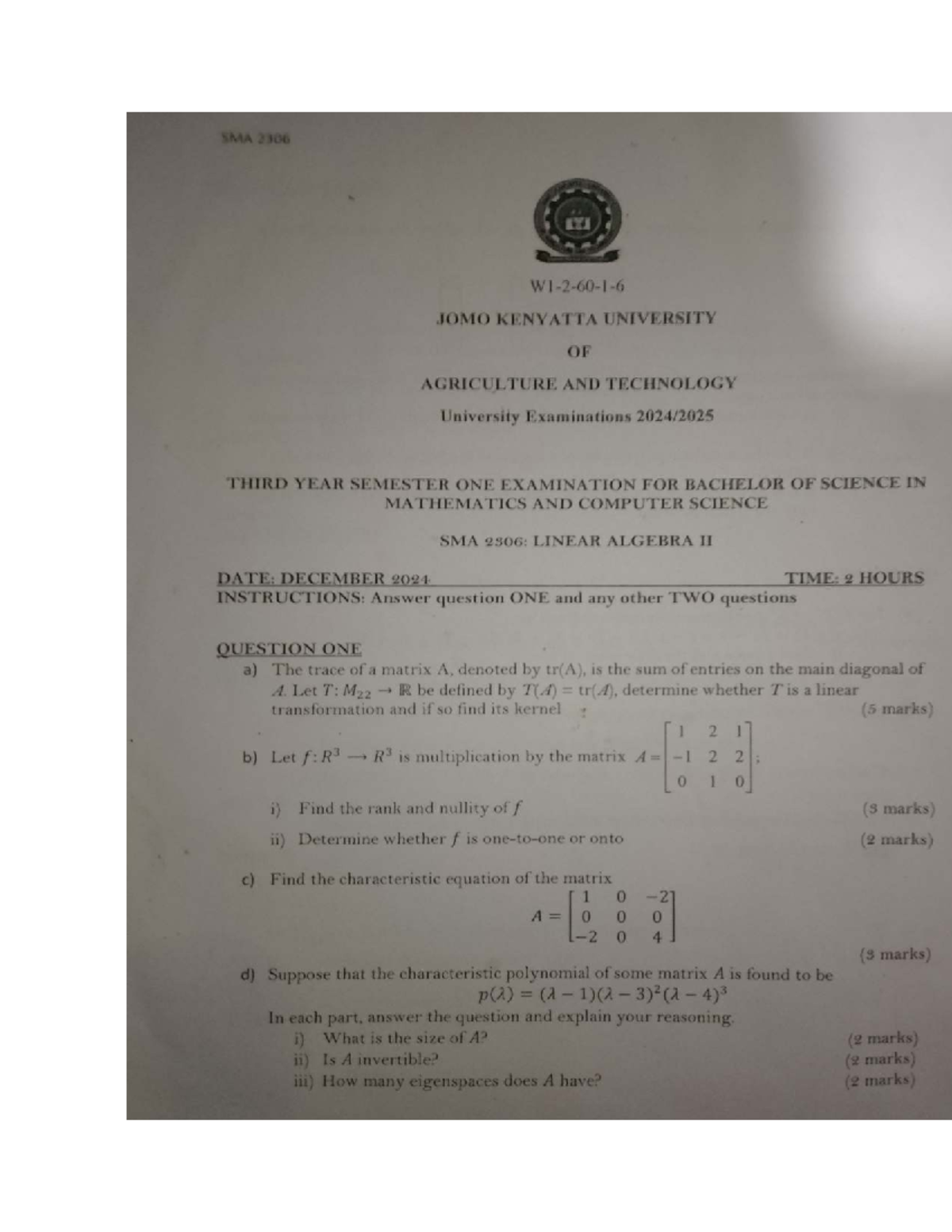 SMA 2306: Linear Algebra II Exam Paper - December 2024 - Studocu